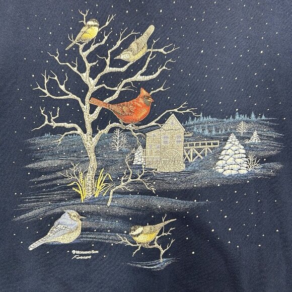 Vintage Morning Sun Women 90s Holiday Christmas Cardinal Bird Blue Sweatshirt M - Picture 4 of 6